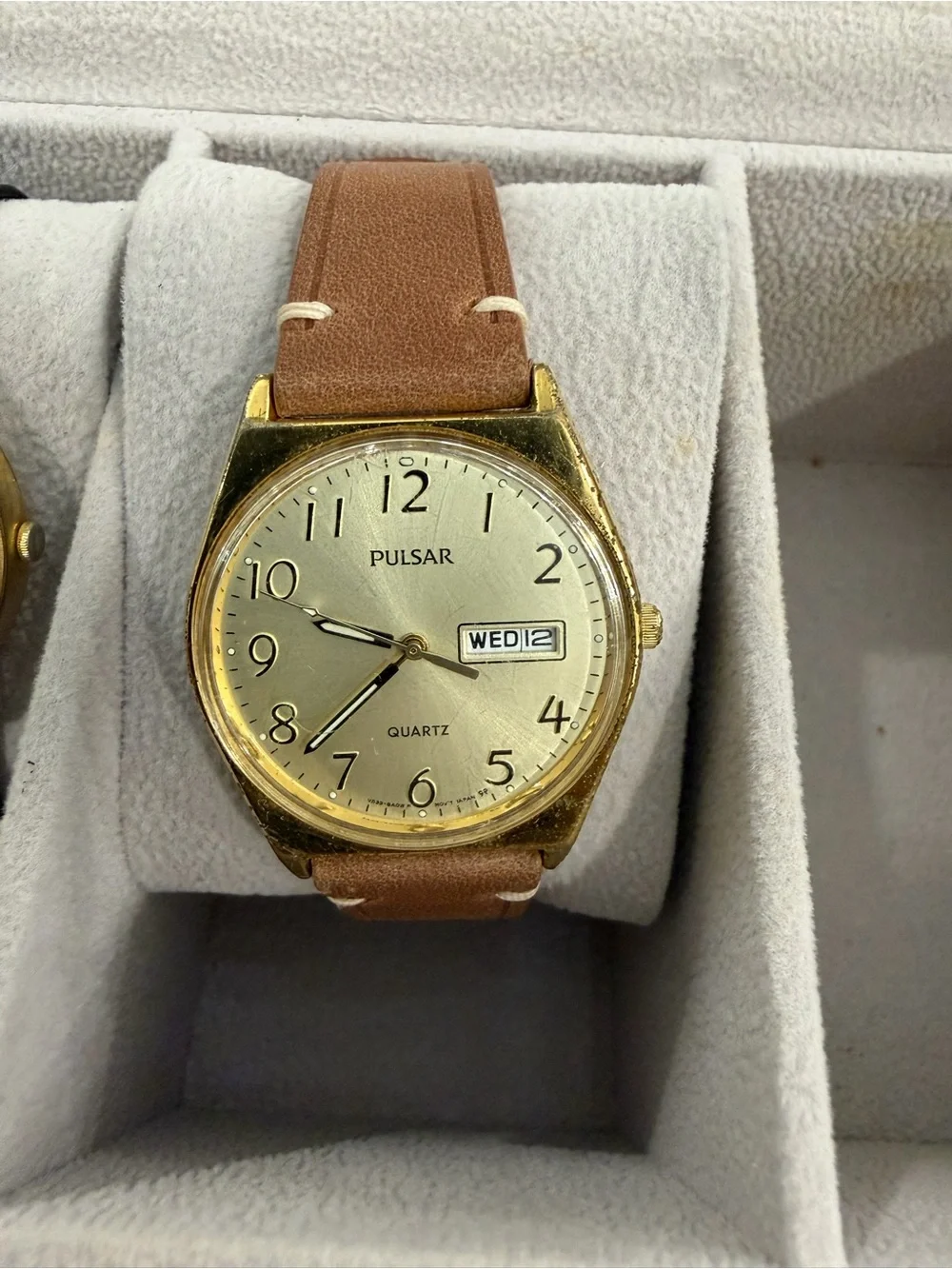 Pulsar Gold-Tone Case with Brown Leather Strap Men's Watch